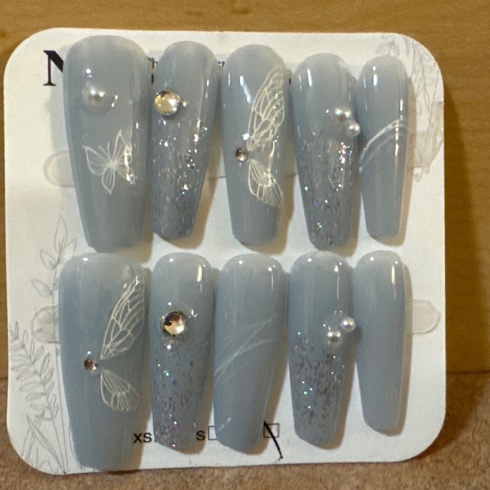 Blue Butterfly Press On Nails Long Coffin Glitter Rhinestone Pearl False Nails